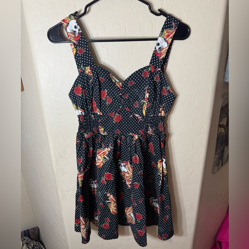 Hot Topic Devil Pin Up Skull Rose Polka Dot Punk Rockabilly Mini Dress M